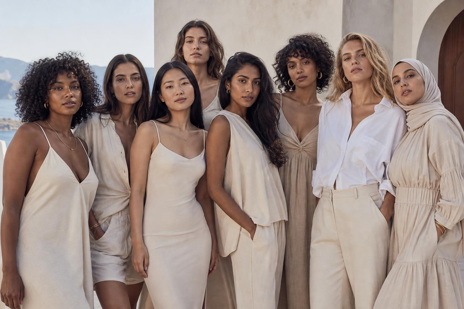 Editorial portrait of a diverse group in tailored neutral attire